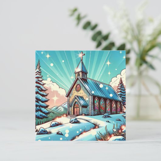 冬のかわいらしクリスマスに建つ教会パーソナライズされた カード (スタンド正面)