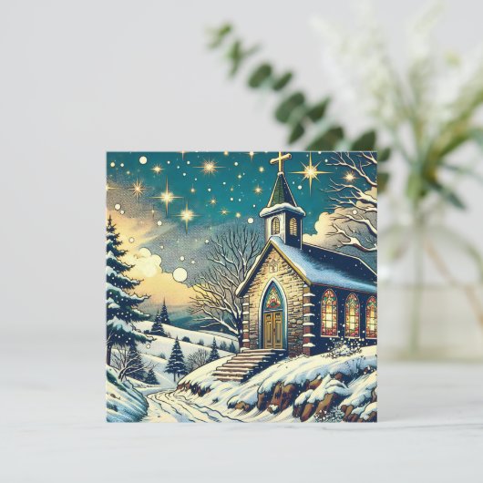 冬のかわいらしクリスマスに建つ教会パーソナライズされた カード (スタンド正面)