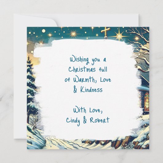 冬のかわいらしクリスマスに建つ教会パーソナライズされた カード (裏面)