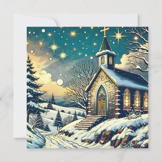 冬のかわいらしクリスマスに建つ教会パーソナライズされた カード (正面)