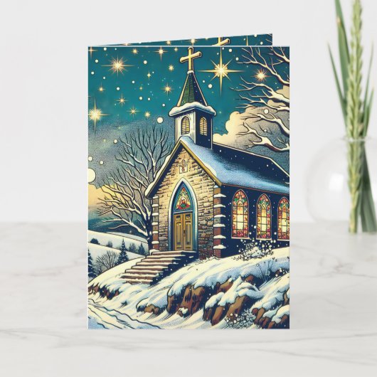 冬のかわいらしクリスマスに建つ教会パーソナライズされた シーズンカード (正面)