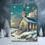 冬のかわいらしクリスマスに建つ教会パーソナライズされた シーズンカード<br><div class="desc">かわいらしパーソナライズされたクリスマス。白い雪の結晶と輝きを持つ豪華な青と白の背景は、教会を囲み、ステンドグラスかわいらしの窓とクロス。</div>