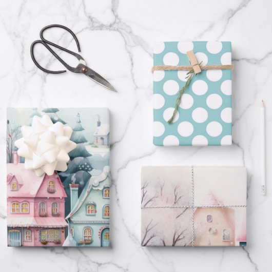 冬のかわいらしクリスマスコテージズエステティックデコール ラッピングペーパーシート (正面)