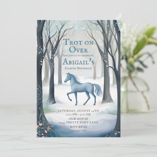 冬のかわいらし森の馬ライトアイスブルー誕生日 招待状 (スタンド正面)