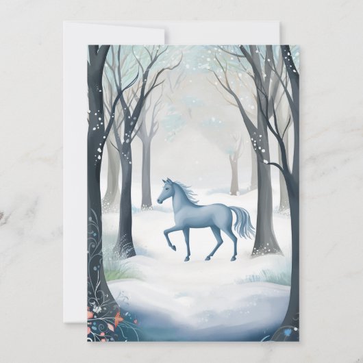 冬のかわいらし森の馬ライトアイスブルー誕生日 招待状 (裏面)