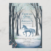 冬のかわいらし森の馬ライトアイスブルー誕生日 招待状 (正面/裏面)