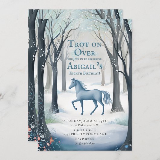 冬のかわいらし森の馬ライトアイスブルー誕生日 招待状 (正面/裏面)