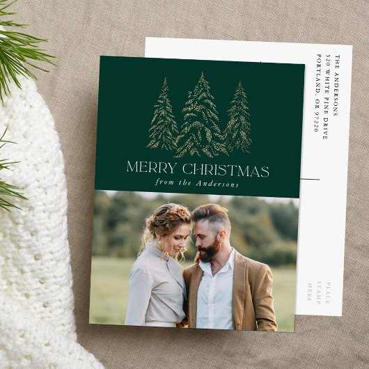 冬のきらめく松の緑のメリークリスマスフォト シーズンポストカード