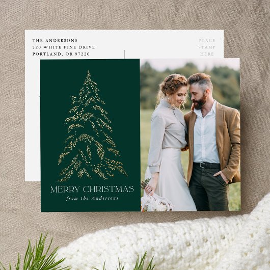 冬のきらめく松の緑のメリークリスマスフォト シーズンポストカード