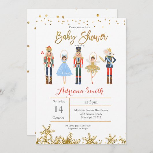冬のくるみ割りのベビーシャワーの招待状の金ゴールド 招待状 (正面/裏面)