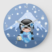 冬のこけし人形 – 青い山芸者女 ラージ壁時計 (正面)