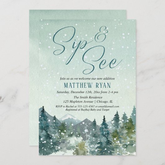 冬のす素朴すりと見る、赤ちゃんのシャワーを出迎える 招待状 (正面/裏面)