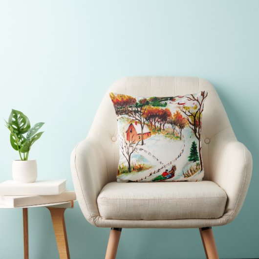 冬のそりの乗車山のクリスマスの水彩画 クッション (椅子)