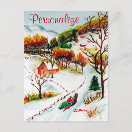 冬のそりの乗車山のクリスマスの水彩画 シーズンポストカード