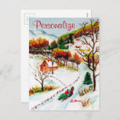 冬のそりの乗車山のクリスマスの水彩画 シーズンポストカード (正面/裏面)