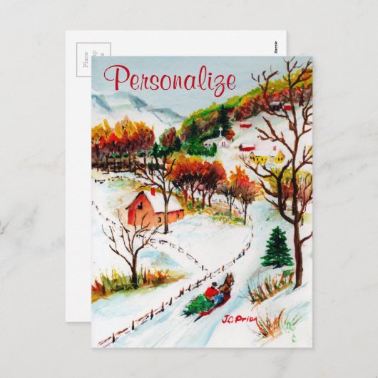 冬のそりの乗車山のクリスマスの水彩画 シーズンポストカード (正面/裏面)