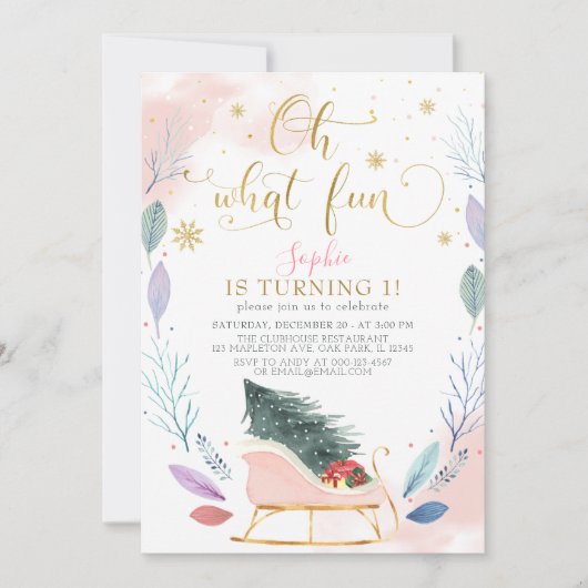 冬のそりオー何のおもしろいクリスマス1歳の誕生日 招待状 (正面)