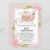 冬のそり車で赤ちゃんシャワーを浴びるかわいい動物 招待状 (正面/裏面)