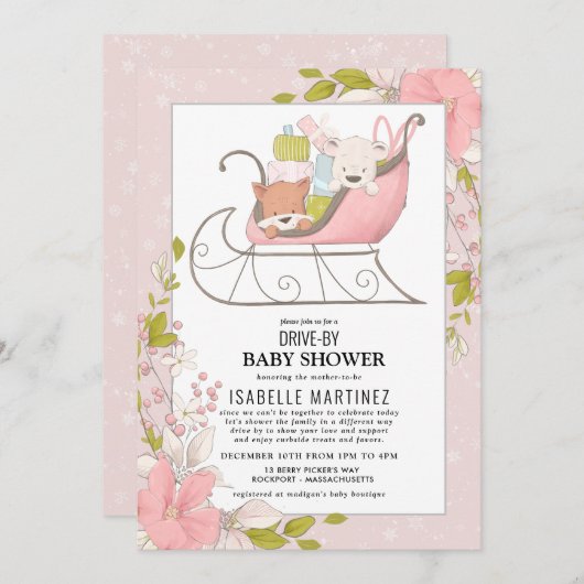 冬のそり車で赤ちゃんシャワーを浴びるかわいい動物 招待状 (正面/裏面)