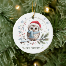 冬のふくろうの最初のクリスマス記念写真 セラミックオーナメント
