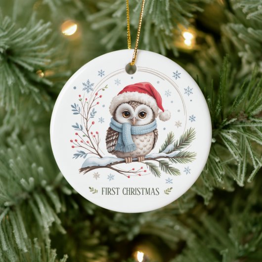 冬のふくろうの最初のクリスマス記念写真 セラミックオーナメント (ツリー)