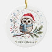 冬のふくろうの最初のクリスマス記念写真 セラミックオーナメント (正面)