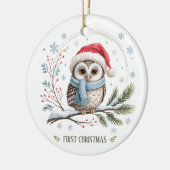冬のふくろうの最初のクリスマス記念写真 セラミックオーナメント (左)