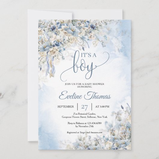 冬のほこりっぽい青い花の白いバラそれは男の子だ 招待状 (正面)