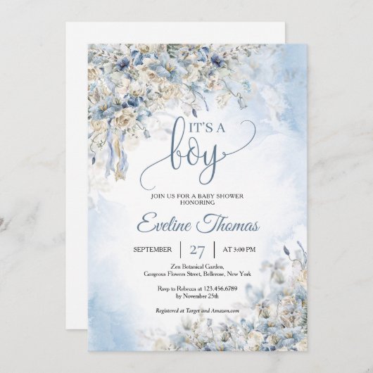 冬のほこりっぽい青い花の白いバラそれは男の子だ 招待状 (正面/裏面)