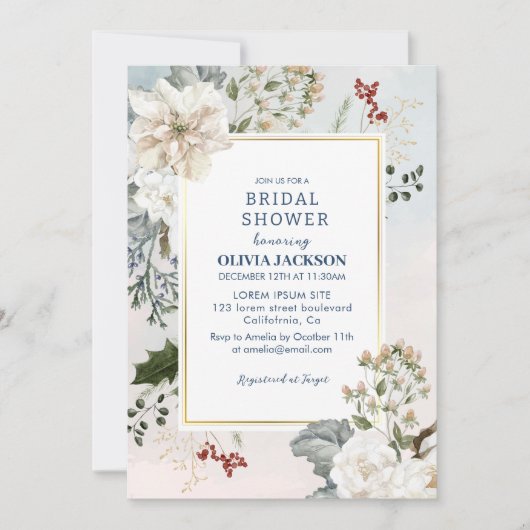 冬のほこりっぽい青い雪の恋のブライダルシャワー 招待状 (正面)