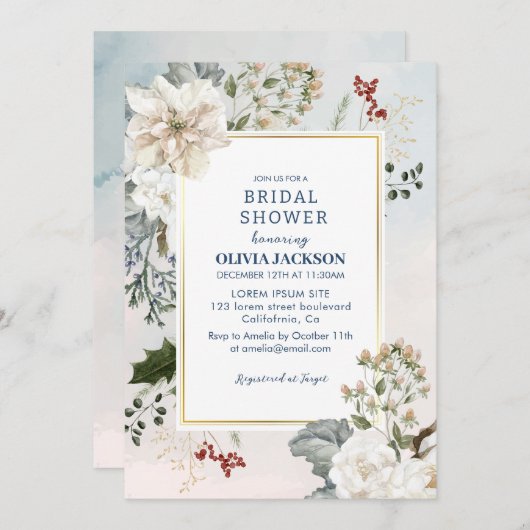 冬のほこりっぽい青い雪の恋のブライダルシャワー 招待状 (正面/裏面)