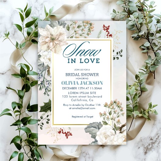 冬のほこりっぽい青い雪の恋のブライダルシャワー 招待状