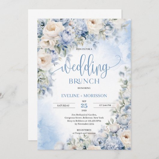 冬のほこりっぽい青とアイボリー結婚の花のブランチ 招待状 (正面/裏面)