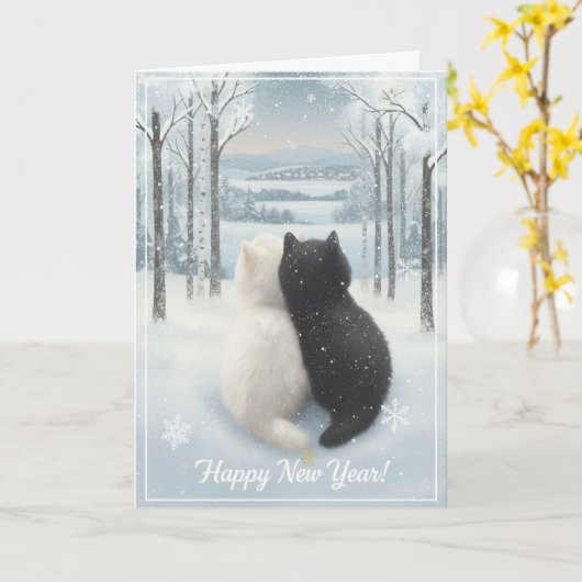 冬のほっこり猫たち 「あけましておめでとう」折りたとう紙グリーティング カード (黄色い花)