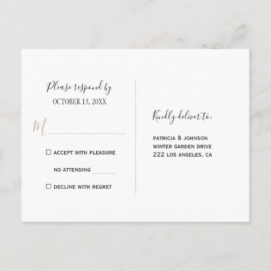 冬のアイボリー花金ゴールド幾何学枠rsvp インビテーションポストカード (裏面)