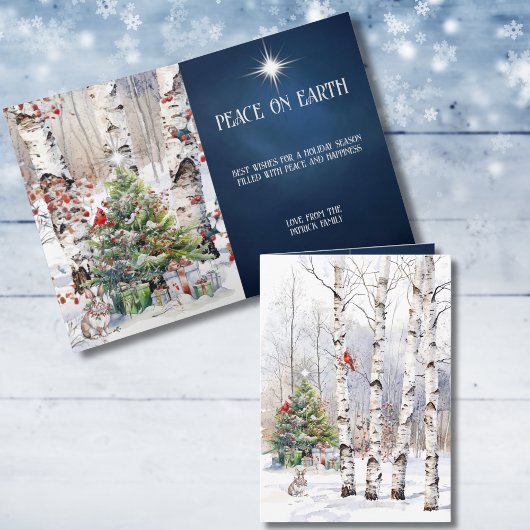 冬のアスペンの木とクリスマスツリーのカード シーズンカード