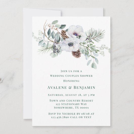 冬のアネモネ絵を描の手結婚のカップルのシャワー 招待状 (正面)