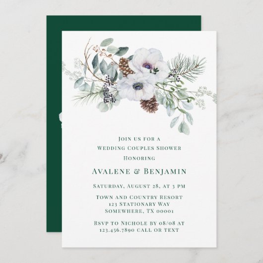 冬のアネモネ絵を描の手結婚のカップルのシャワー 招待状 (正面/裏面)