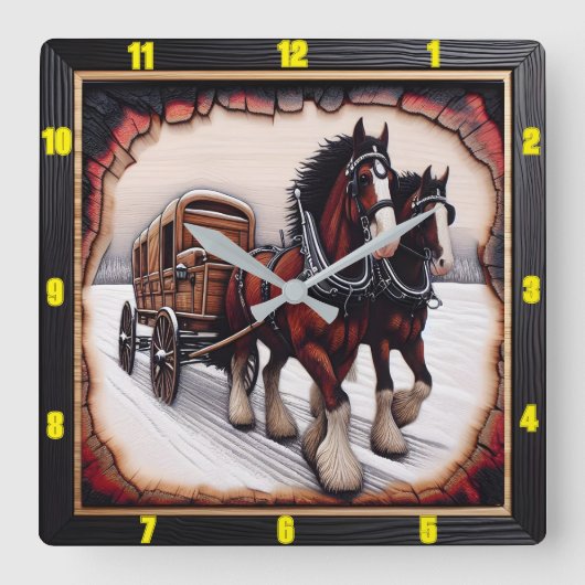 冬のアホールパーソナライズされた: Charred Wood Clydesdale スクエア壁時計 (正面)