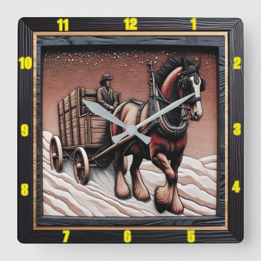 冬のアホール：カスタマイズ可能なチャールド木材クリデール スクエア壁時計 (正面)