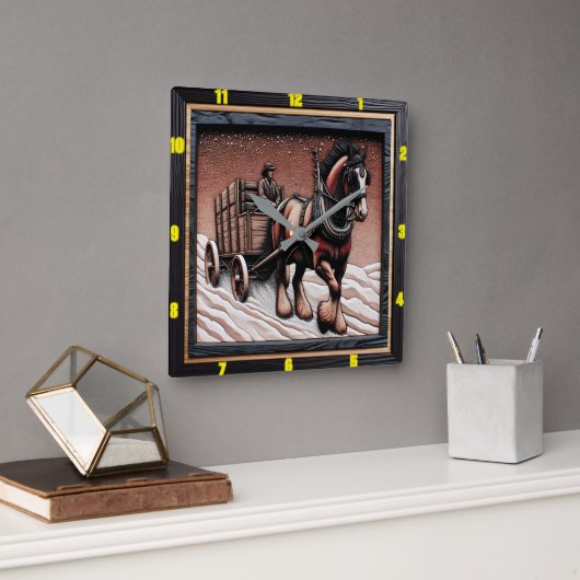 冬のアホール:カスタマイズ可能なチャールド木材クリデール スクエア壁時計 (オフィス)