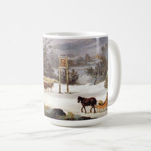 冬のアメリカの馬のそりの町のウシのマグ コーヒーマグカップ (正面右)