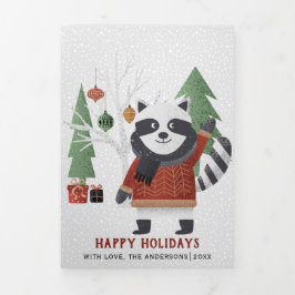 冬のアライグマと木のクリスマスフォト数々のー 三つ折りクリスマスカード