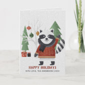 冬のアライグマと木クリスマスの写真を折り畳んだ シーズンカード (正面)