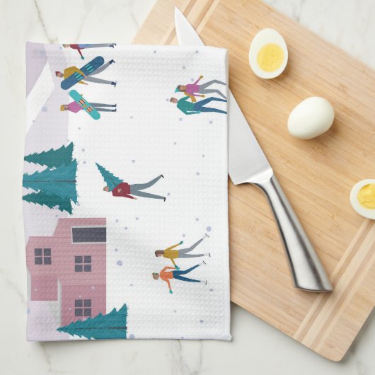 冬のアルプスの休日:アクティブな人々シームレス キッチンタオル (四つ折り)