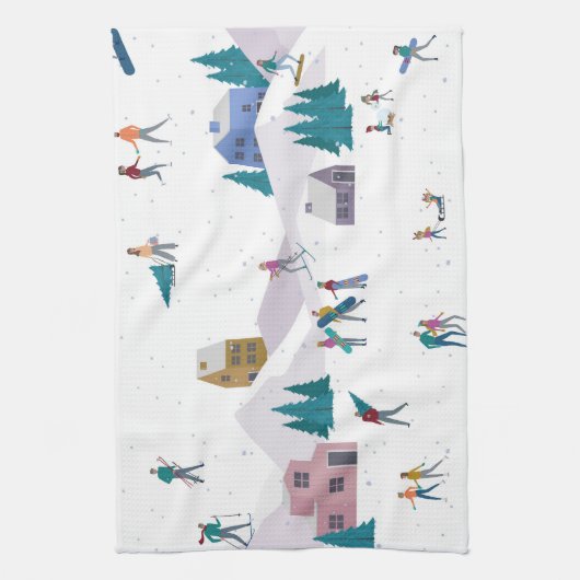 冬のアルプスの休日:アクティブな人々シームレス キッチンタオル (縦)