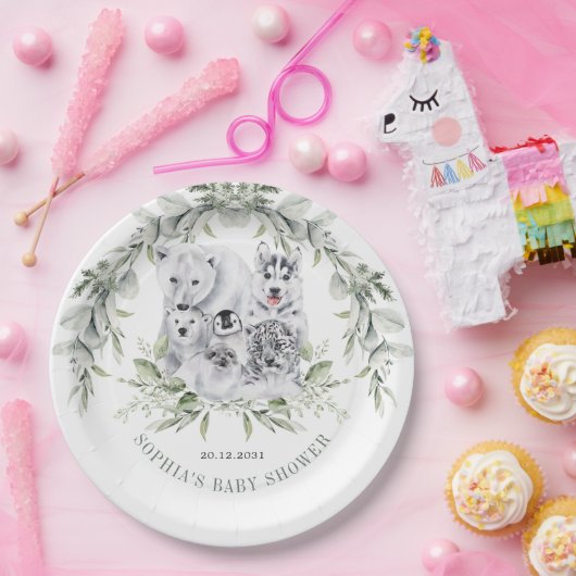 冬のアーチックアニマルズホリデーベビーシャワー ペーパープレート (パーティー)