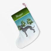 冬のイタリアン森の中の青いグレイハウンド犬 スモールクリスマスストッキング (裏面 (吊り時))