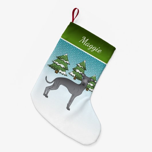 冬のイタリアン森の中の青いグレイハウンド犬 スモールクリスマスストッキング (正面 (吊り時))