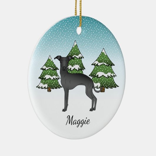 冬のイタリアン森の黒いグレイハウンド犬 セラミックオーナメント (右)